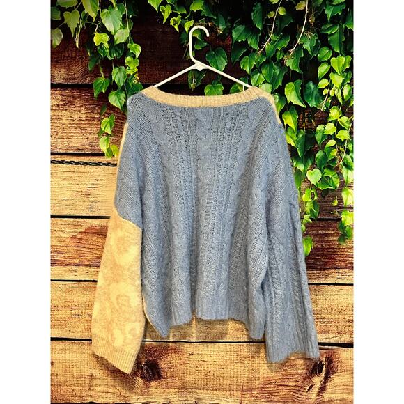 Entro V Neck Long Sleeve Sweater Pullover Drop Shoulder Blue Print Large Ovrsize - Picture 3 of 7